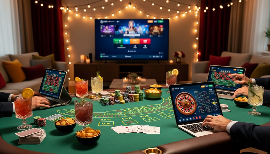 Laptop showing online casino games surrounded by champagne glasses, poker chips, and elegant party decorations
