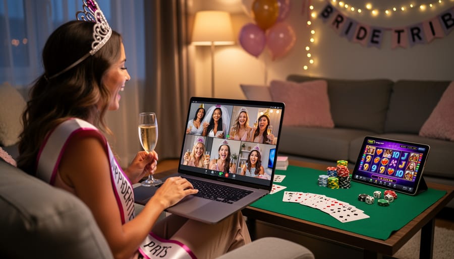 Women celebrating together via video call with champagne glasses during virtual bachelorette party