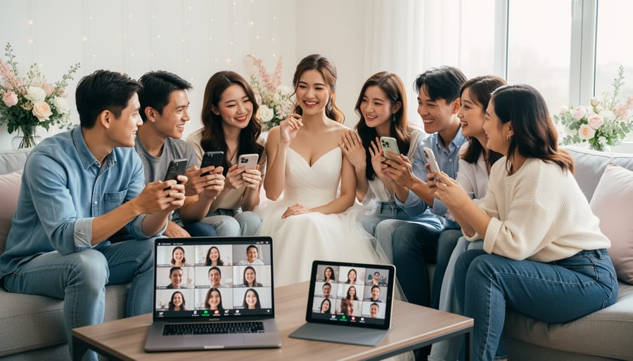 Bride-to-be celebrating with friends via video call while taking photos during virtual bachelorette party