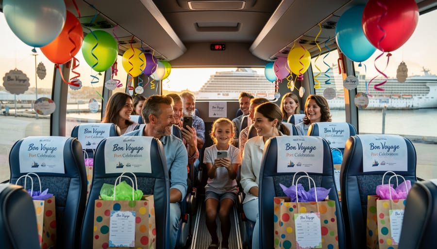 Decorated shuttle interior with flowers and champagne with Port Canaveral waterfront visible through windows