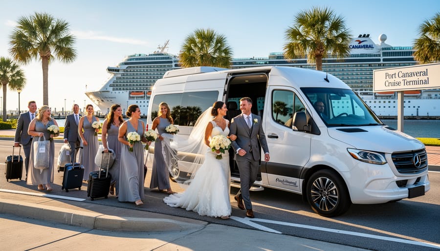 White luxury charter bus at Port Canaveral with cruise ship in background