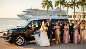 Wedding couple and attendants step out of a black luxury SUV near Port Canaveral with a large cruise ship in the background at sunset, carrying luggage and garment bags amid palm trees and the terminal, warmly lit and relaxed.