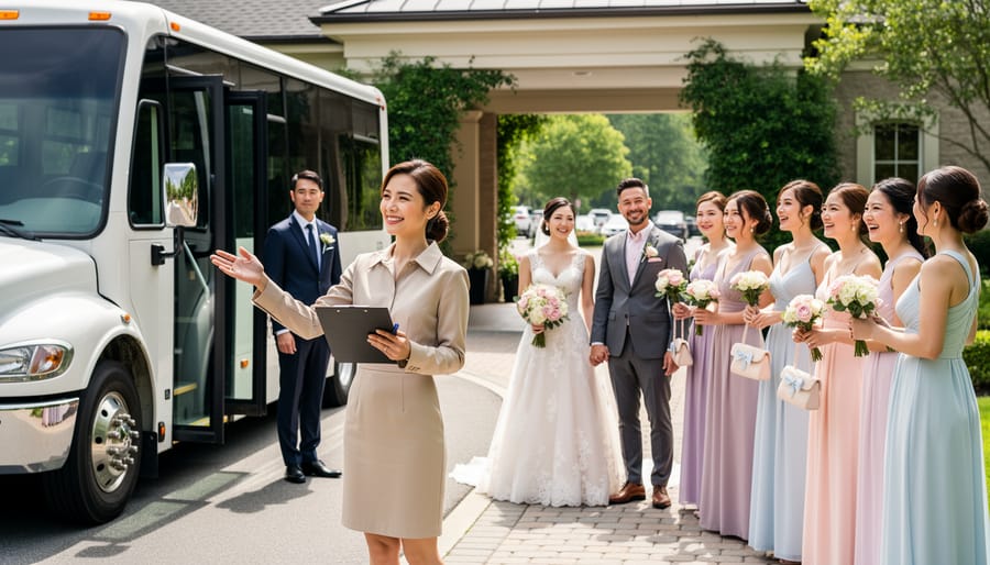 Bride and groom with wedding party boarding transportation shuttle