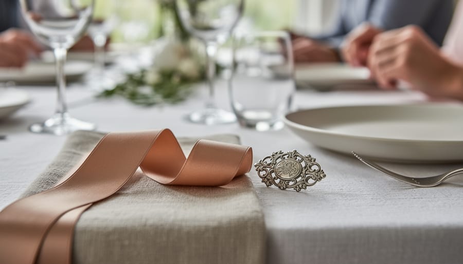 Close-up of hands fastening an heirloom ribbon onto a wedding bouquet