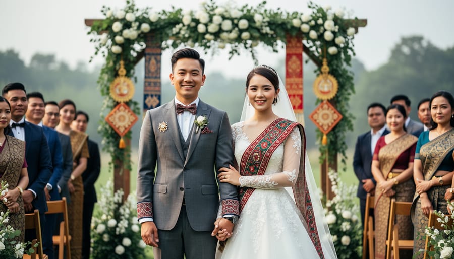 Couple in modern wedding attire with embroidered cultural textile details standing together during a ceremony