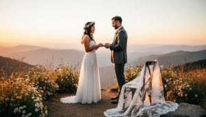 A couple exchanging heirloom wedding rings at sunset on a mountaintop, with wildflowers along the aisle and a family lace veil nearby.