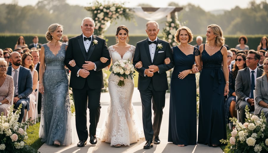 Wedding party including parents walking with the couple along the aisle toward a ceremony space