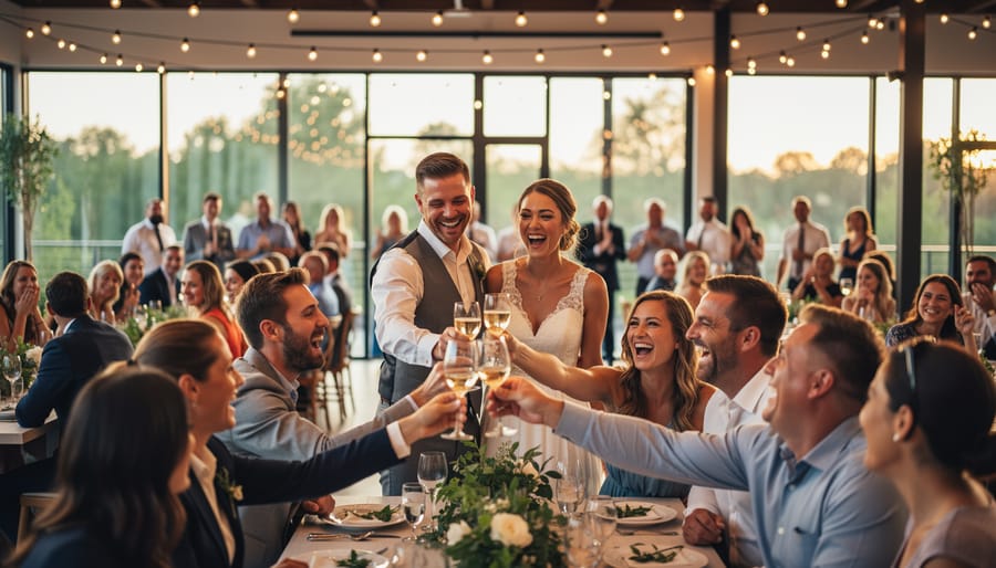 Wedding toast with friends and family gathered around a reception table while the couple raises glasses