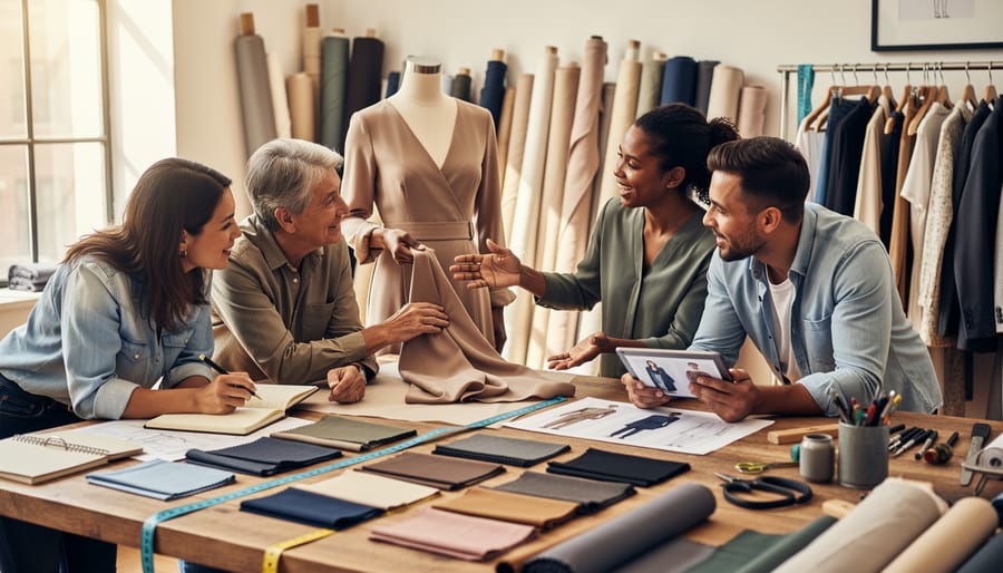 Bride reviewing wedding dress fabric swatches with a small group of boutique consultants