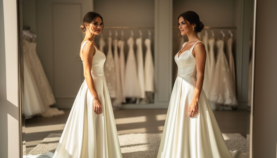 Bride trying on a wedding dress in a bridal boutique mirror room