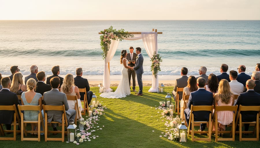 Couple standing near a floral-covered aisle on a sandy beach with the ocean in the background