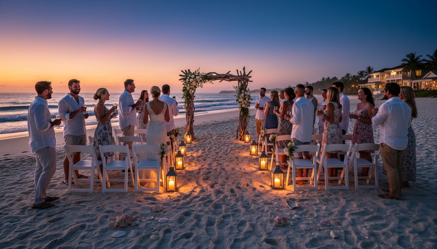 Couple walking along a beachfront resort terrace with string lights and an ocean shoreline in soft twilight