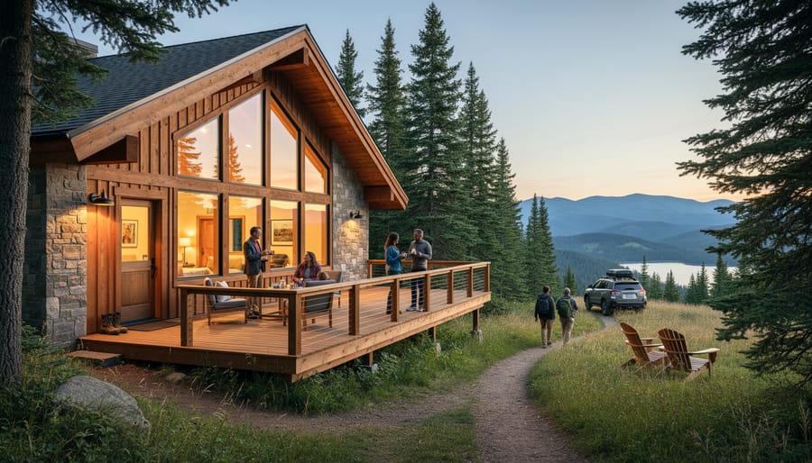 Cozy mountain lodge porch overlooking a misty lake with a distant couple near a trail viewpoint