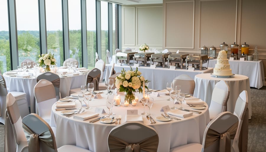 Elegant ballroom reception setup with candles and linen-covered tables ready for a wedding weekend
