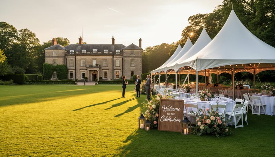 Grand manor and manicured lawn with wedding guests gathering for a private weekend wedding