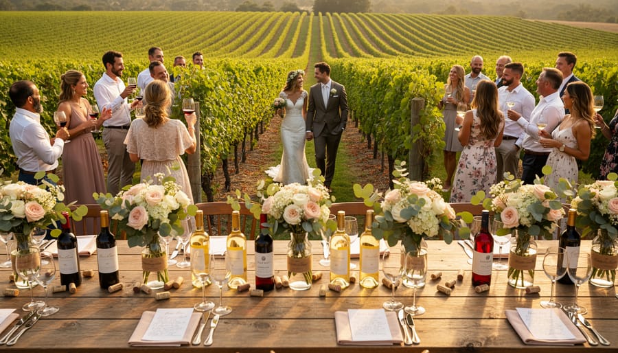 Outdoor vineyard table setting with wine glass and grapevines in soft golden-hour light