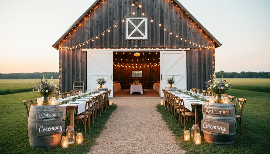 Rustic wooden barn wedding with string lights and a bridal bouquet on a vintage table