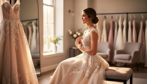 Bride-to-be trying on a lace wedding gown in a bridal boutique fitting room with softly lit dresses in the background.