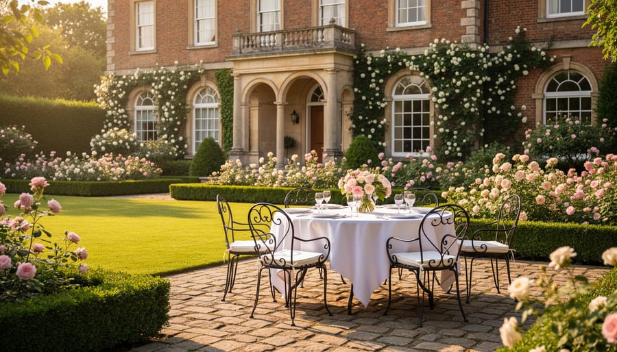 Wedding guests posing in a historic stone estate courtyard with arches and stairs
