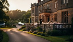Golden-hour outdoor reception at a countryside manor wedding venue with illuminated terrace lights, floral table settings, and guests arriving for a weekend celebration