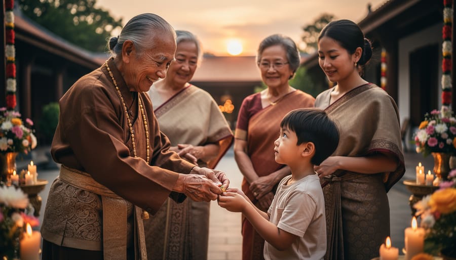 Officiant and wedding couple holding a ceremonial item while family elders watch in a warmly lit ceremony space.