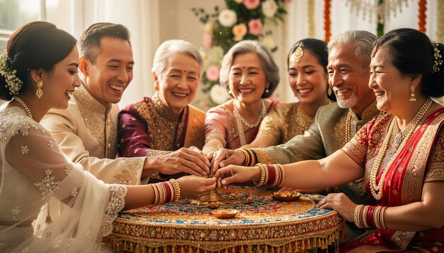 Bride and groom holding hands while guests in multicultural traditional attire stand together at a wedding ceremony.