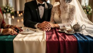 Bride and groom with a blend of multicultural wedding tradition elements, including mehndi hands, a veiled fabric, a glass-breaking tray, and a tea set on an elegant ceremony table.