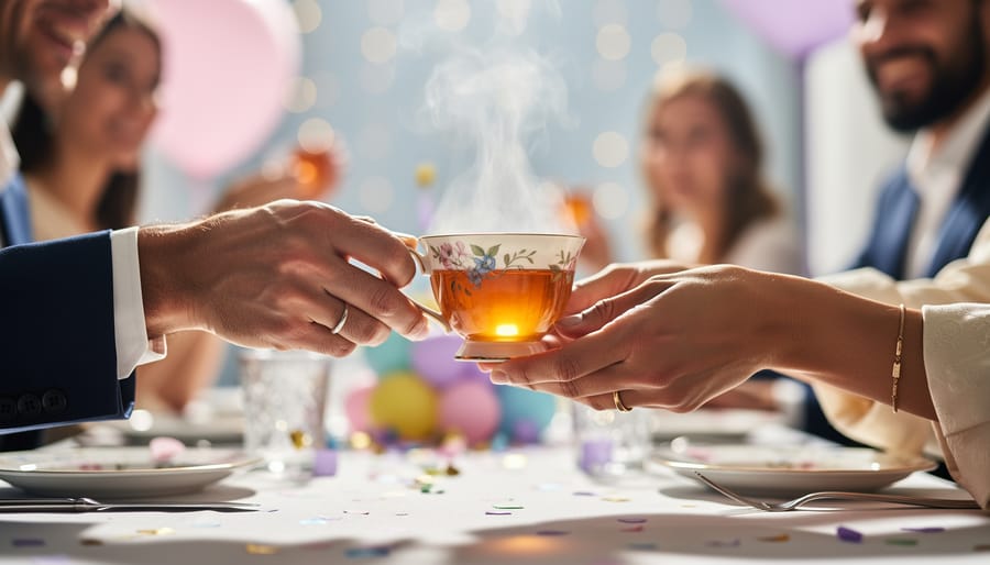 Close-up of a tea set and red envelope on a wedding table with hands in traditional sleeves placing a tea cup.