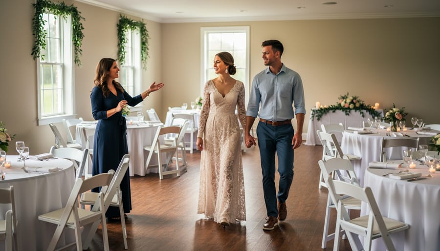 Couple and planner touring a small wedding venue with a set dining table near a window