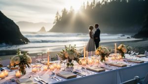 Candlelit fine-dining wedding reception table on a private Tofino beach with ocean horizon and rainforest silhouettes in the mist.