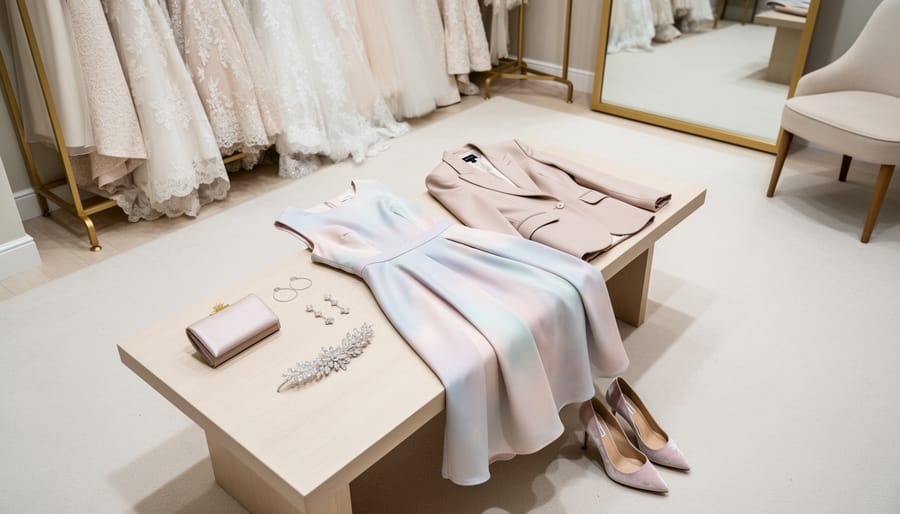 Neutral midi dress, cardigan, slip-on shoes, and small purse arranged on a dressing-room bench in a wedding boutique.