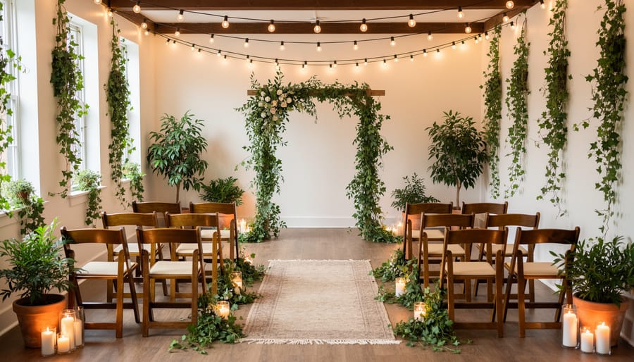 Couple and guests at an intimate wedding ceremony with a greenery arch and floral aisle