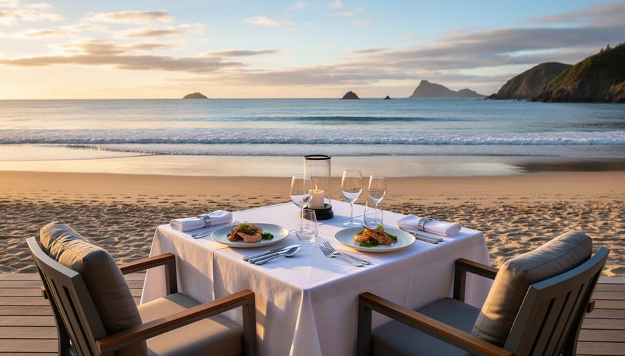 Warmly lit fine dining table at Mackenzie Beach Resort with the ocean horizon in the background