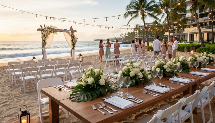Couple near a floral ceremony arch on a beachfront deck with ocean waves behind at Pacific Sands Resort