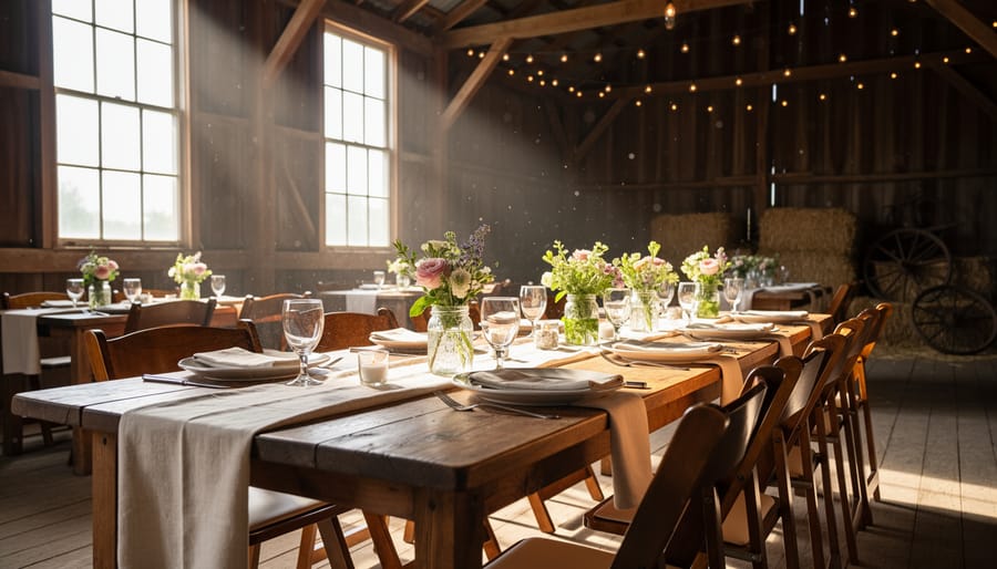 Rustic barn wedding reception with linen-draped tables, candles, and warm interior lighting