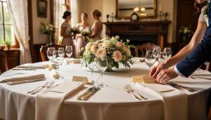 Intimate small wedding table set with flowers and wine glasses in a warmly lit heritage parlor with blurred guests in the background.