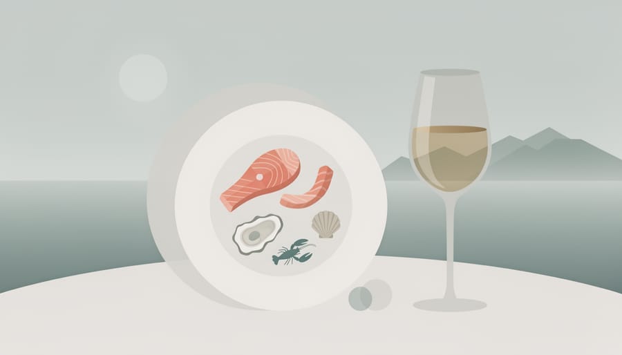 Close-up of a plated Pacific seafood dish and wine with ocean views in soft background blur