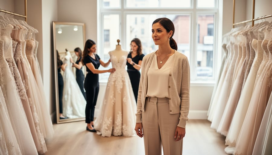 Guest in a slip dress and cardigan holding a tote in a bridal boutique near a mirror with stylists blurred in the background.