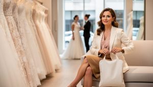 A guest wearing a chic midi outfit in a wedding dress boutique, seated near a rack of gowns with the salon background softly blurred.