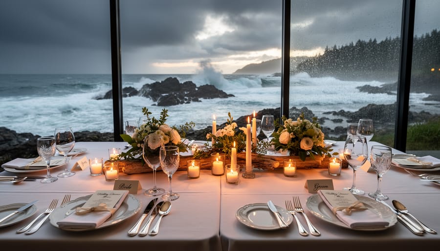 Elegant wedding table set on an oceanfront terrace at Wickaninnish Inn with Pacific coastline in the background