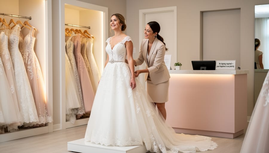 Bride trying on a wedding dress while a bridal consultant adjusts the gown in a boutique fitting room