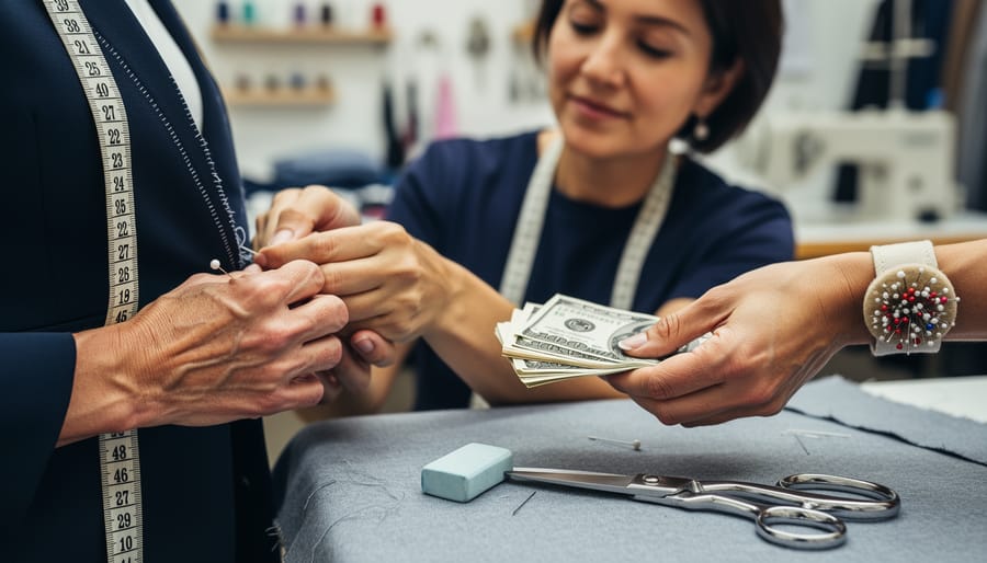 Seamstress hands working on wedding dress fabric with a measuring tape