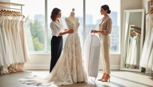 “Bridal consultant adjusting a lace wedding gown on a mannequin in a wedding dress boutique fitting room with soft daylight.”
